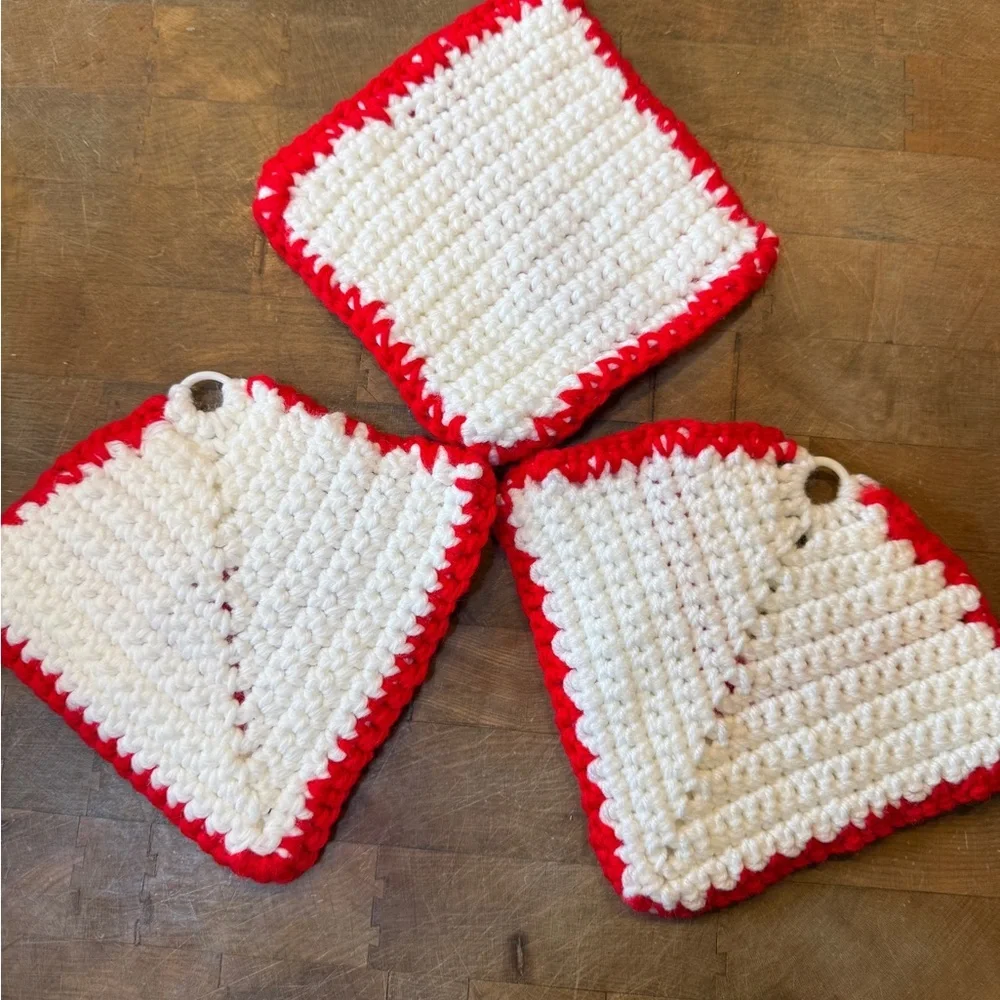 Handmade Red & White Crochet Pot Holders - Set of 3